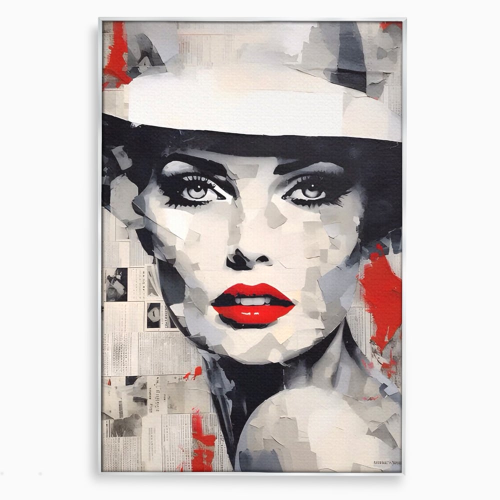 Tablou canvas cu tablou portret femeie cu buze rosii, in rama de aluminiu argintiu